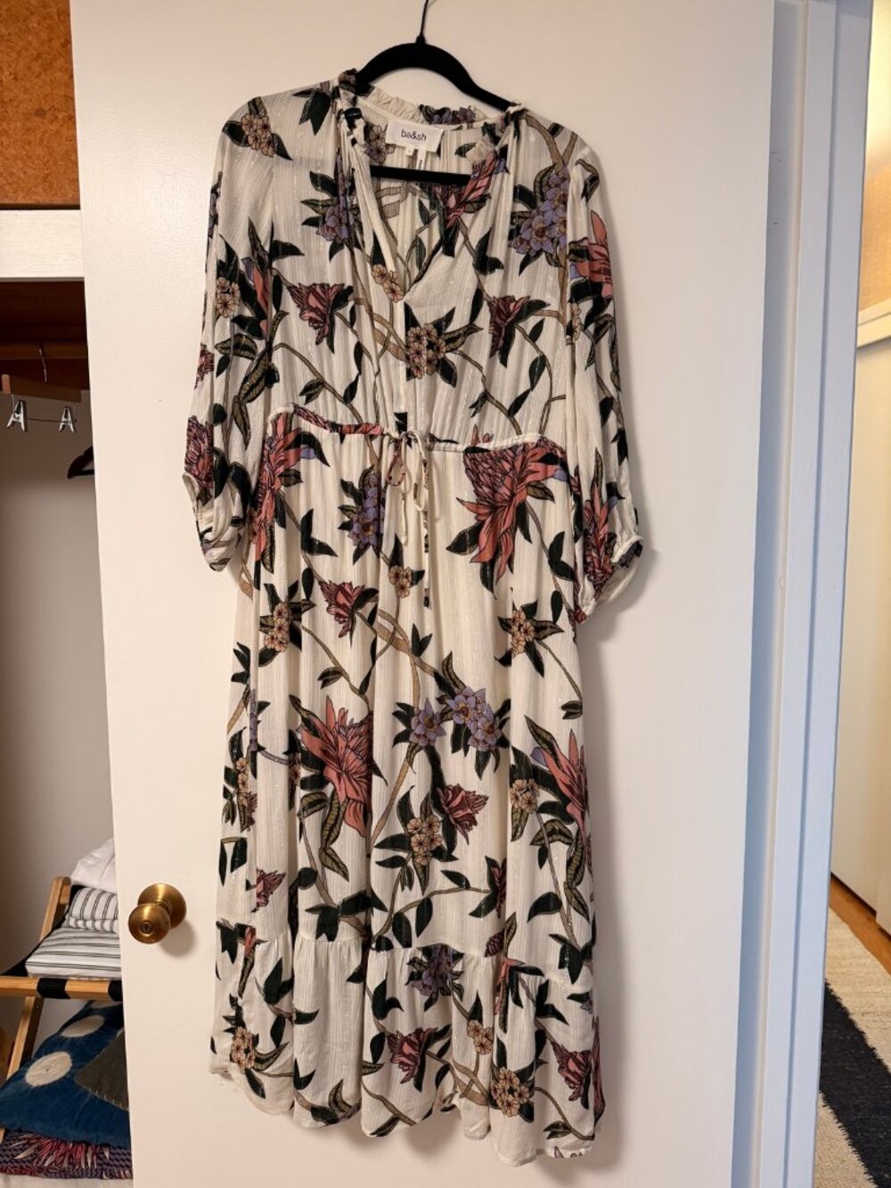 ba&sh Paris Floral Midi Dress Size S Metallic Gold Silver V-Neck Long Sleeve